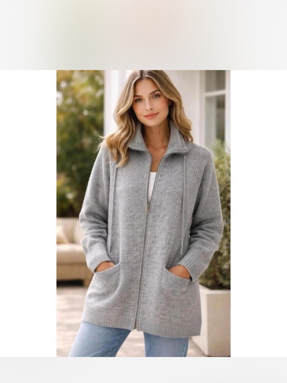 Ellen Tracy Light Gray Zip-Front Knit Cardigan 100% wool